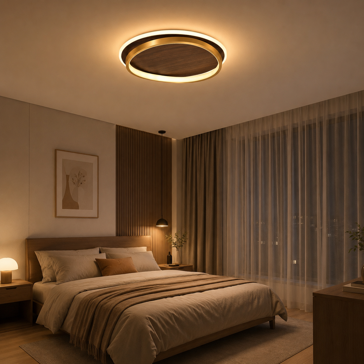 Japanese Flush Mount Ceiling Light – Modern Wood LED Ceiling Lamp