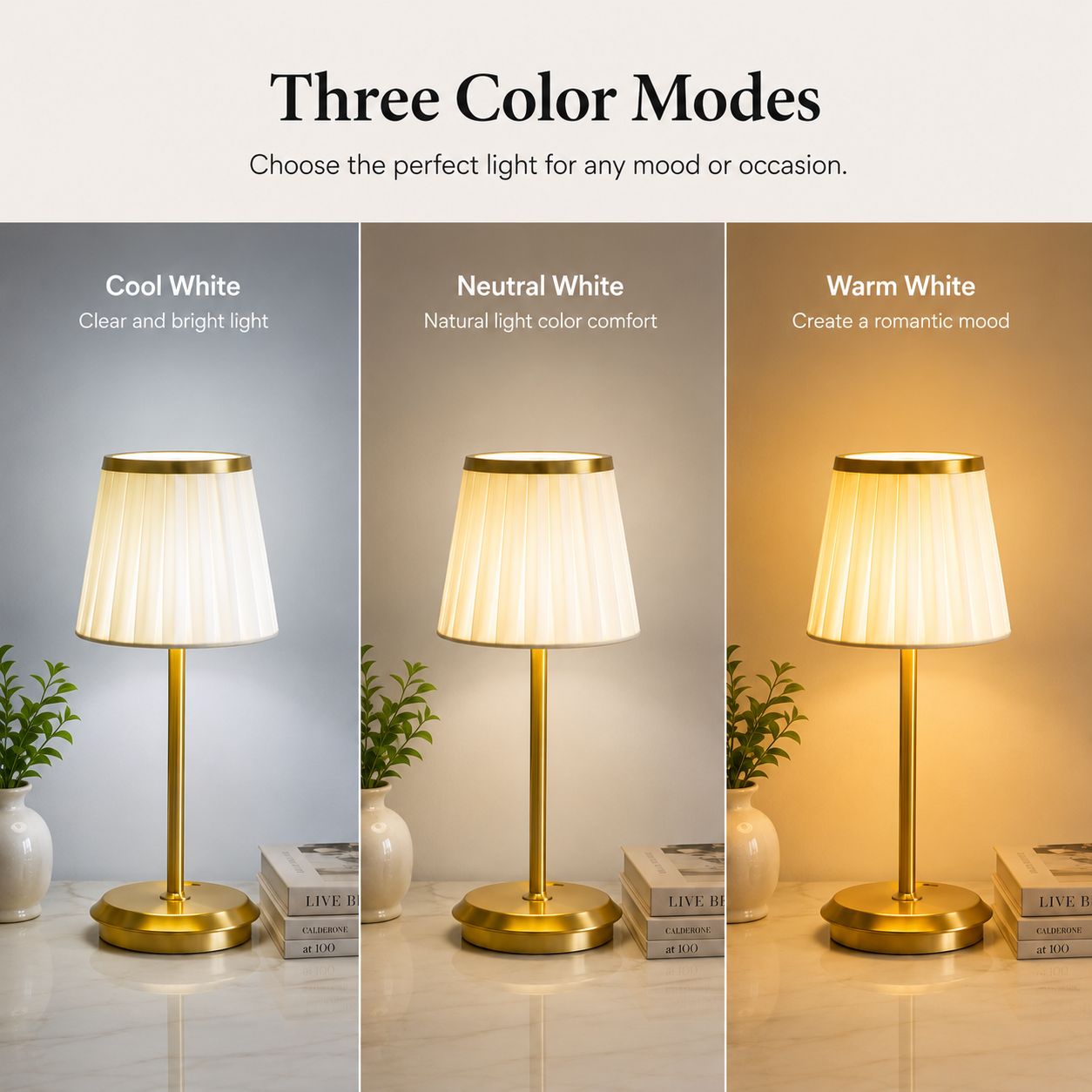 Rechargeable Gold Table Lamp with Fabric Shade, 3 Color Touch Light for Bedroom, Nightstand & Living Room