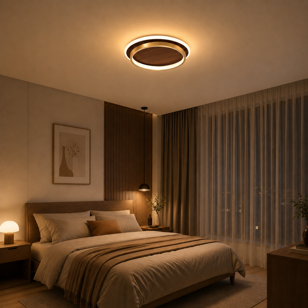 Japanese Flush Mount Ceiling Light – Modern Wood LED Ceiling Lamp