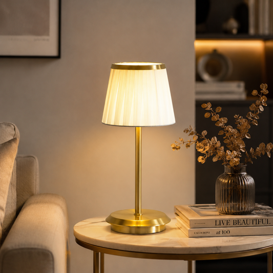 Rechargeable Gold Table Lamp with Fabric Shade, 3 Color Touch Light for Bedroom, Nightstand & Living Room