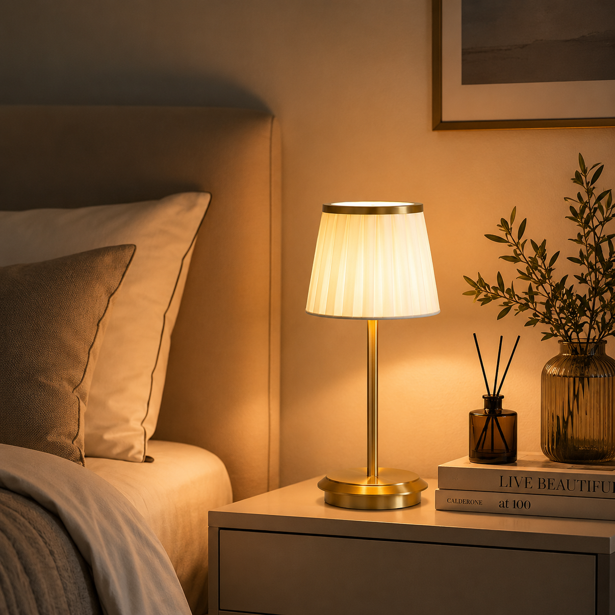 Rechargeable Gold Table Lamp with Fabric Shade, 3 Color Touch Light for Bedroom, Nightstand & Living Room