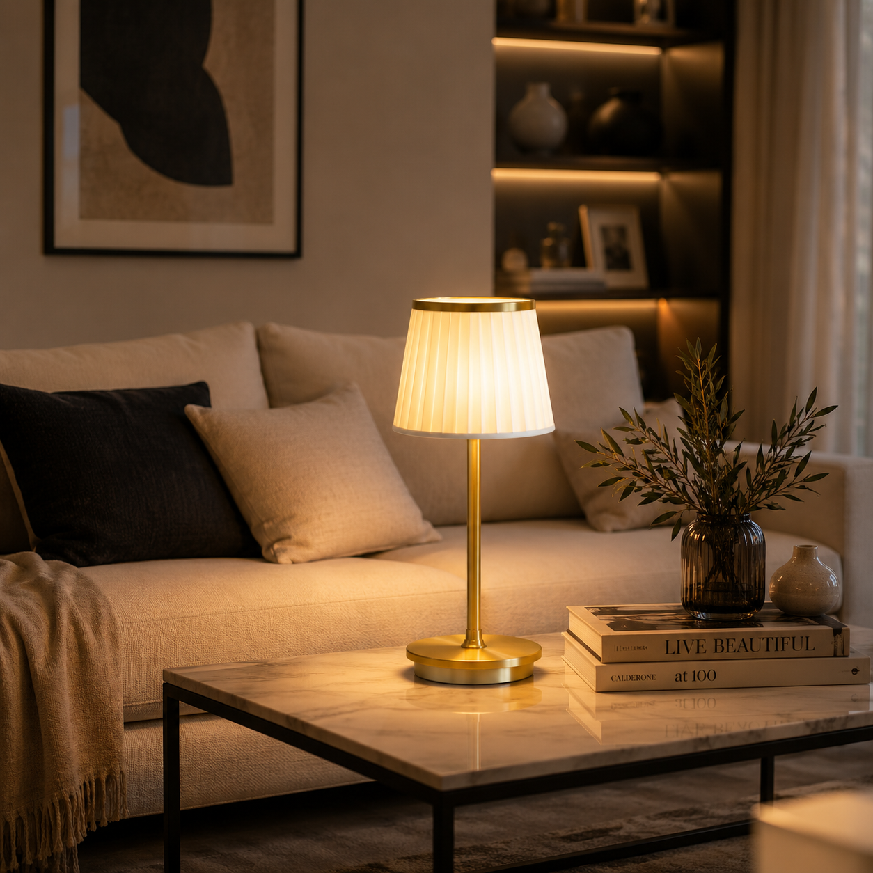 Rechargeable Gold Table Lamp with Fabric Shade, 3 Color Touch Light for Bedroom, Nightstand & Living Room