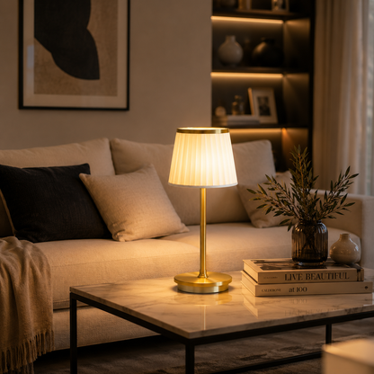 Rechargeable Gold Table Lamp with Fabric Shade, 3 Color Touch Light for Bedroom, Nightstand & Living Room