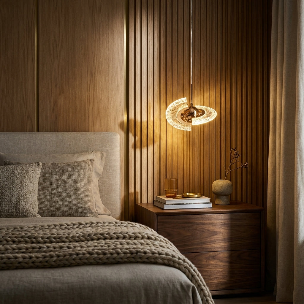 Rotating crystal shell pendant light in gold glowing warm white above a walnut nightstand in a fluted oak bedroom