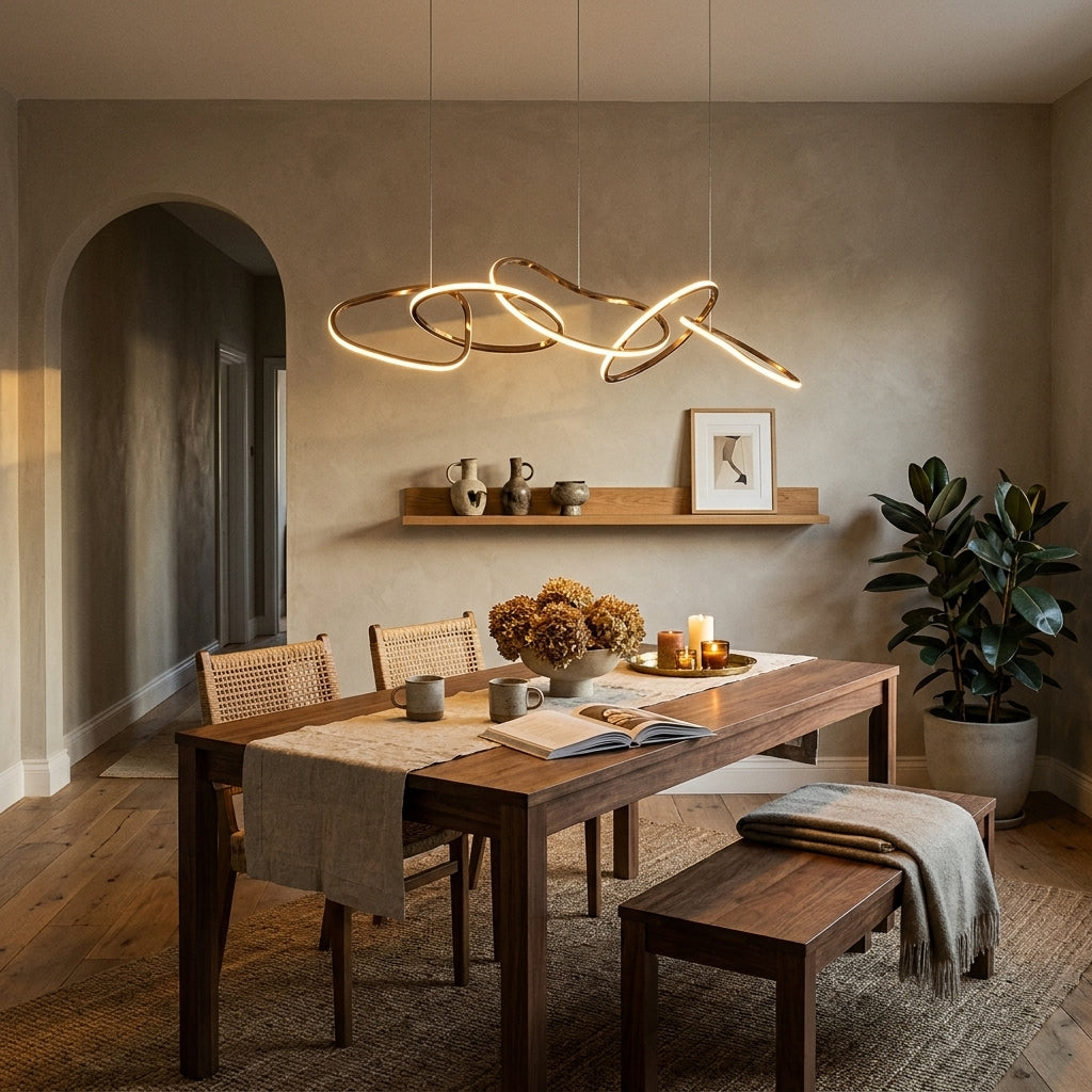 Five-ring gold LED chandelier glowing over a walnut dining table in a modern dining area