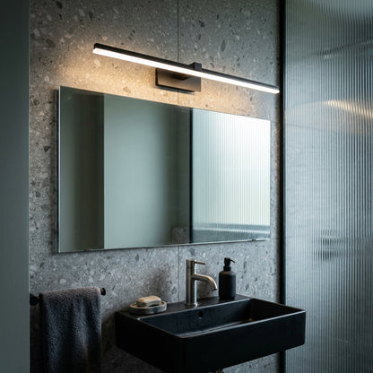 Slim LED Mirror Light 50 cm in matte black above a wide bathroom mirror with terrazzo wall