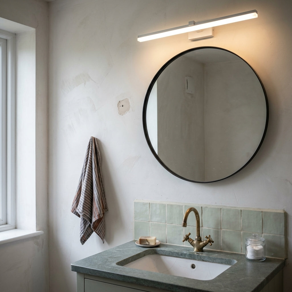 Slim LED Mirror Light 50 cm in matte white above a round mirror with soapstone washstand