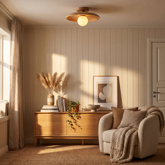 Nordic wooden round ceiling lamp in natural wood above a Scandinavian living room sideboard